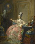 unknow artist, Portrait of Marie Josephine of Savoy Countess of Provence pointing to a bust of her husband overlooked by a portrait of her father